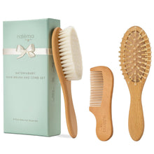 Load image into Gallery viewer, Wooden Baby Hair Brush & Comb Set - Pack of 3, Oval - Natural Goat Hair Bristles & Soft Bristle Brush - Gentle Scalp Massage & Cradle Cap Comb - for Newborns & Toddlers, Baby Grooming Kit