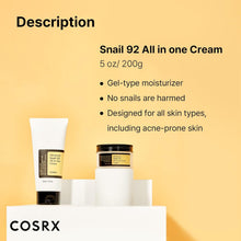 Load image into Gallery viewer, Snail Mucin 92% Moisturizer, Daily Repair Face Gel Cream Tube Type for Dry, Sensitive Skin, Not Tested on Animals, No Parabens, No Sulfates, No Phthalates, Korean Skin Care (3.52 Fl Oz / 100G)