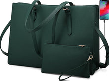 Load image into Gallery viewer, Laptop Bag for Women, Fashion Computer Tote Bag Large Capacity Handbag, Leather Shoulder Bag Purse Set, Professional Business Work Briefcase for Office Lady, 2Pcs, 15.6-Inch, Deepgreen