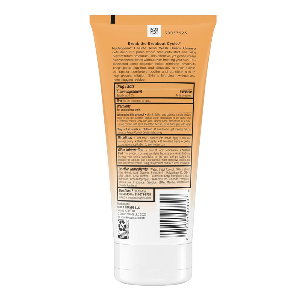 Oil-Free Acne Face Wash Cream Cleanser, 2% Salicylic Acid Acne Treatment, Daily Facial Cleanser for Acne-Prone Skin, 6.7 Fl. Oz