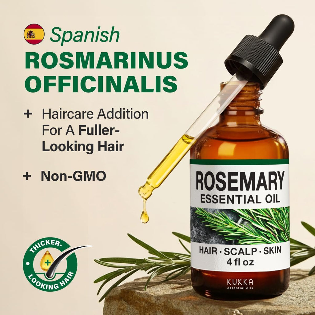 KUKKA Rosemary Essential Oils - 4 Fl Oz - for Hair, Skin, Diffuser, Aromatherapy & DIY Soap Making Scent
