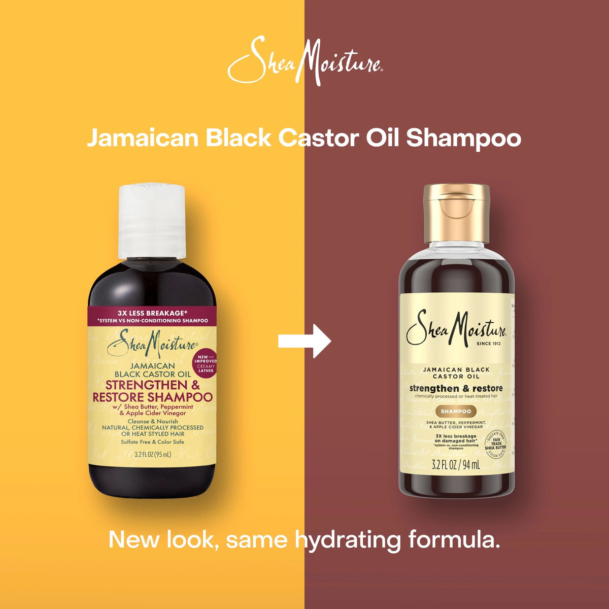 Strengthen & Restore Shampoo for Damaged Hair, Jamaican Black Castor Oil to Cleanse & Nourish Hair, 3.2 Fl Oz