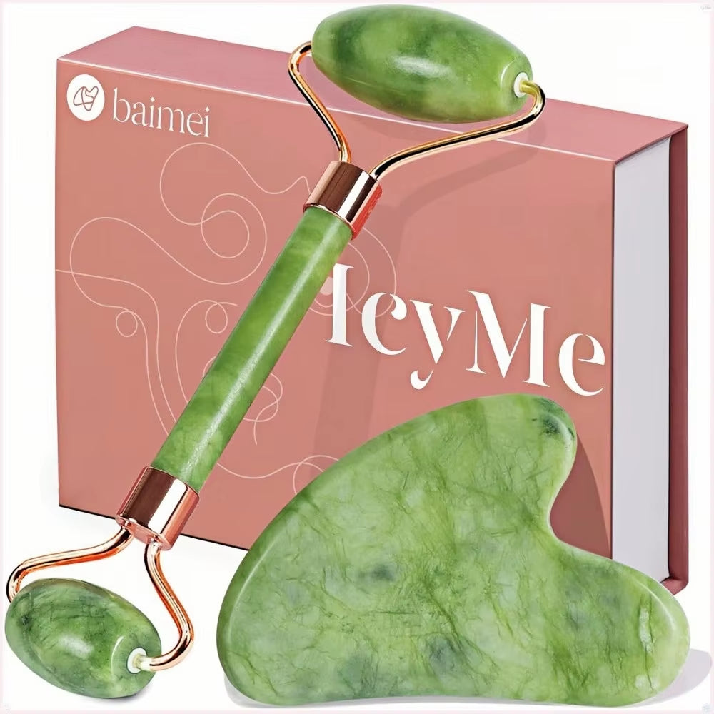 BAIMEI Icyme Gua Sha & Jade Roller Facial Puffiness and Redness Reducing Skin Care Routine, Self Care Gift for Men Women - Green