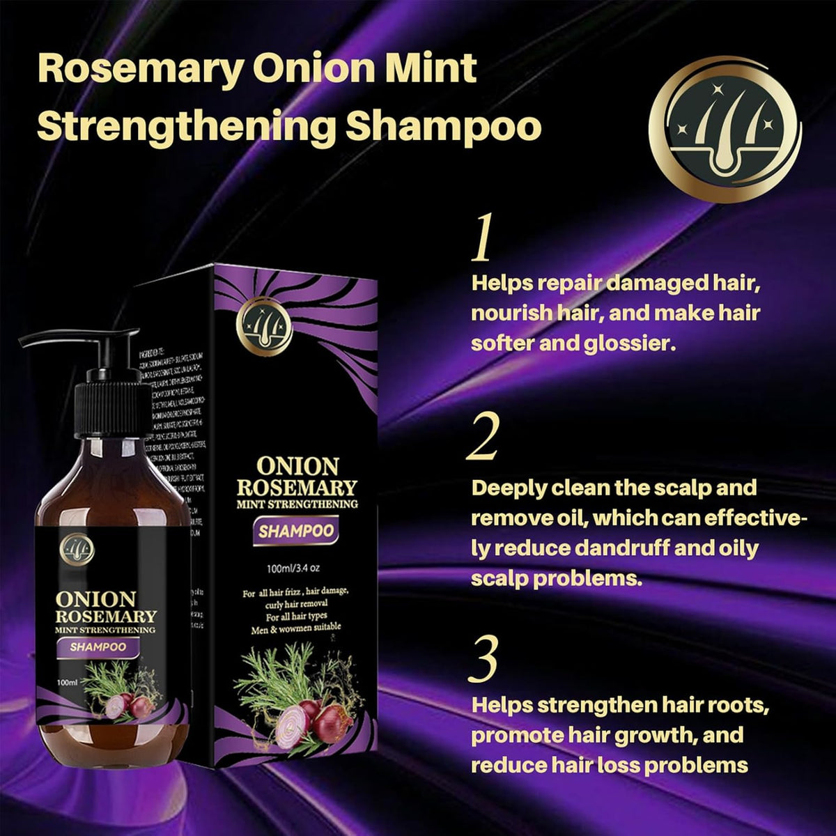 Champu De Cebolla Y Romero Con Biotina, Onion, Biotin and Rosemary Shampoo and Conditioner Set, Onion Shampoo for Hair Growth, Stronger, Thicker and Longer Hair (3 PCS)